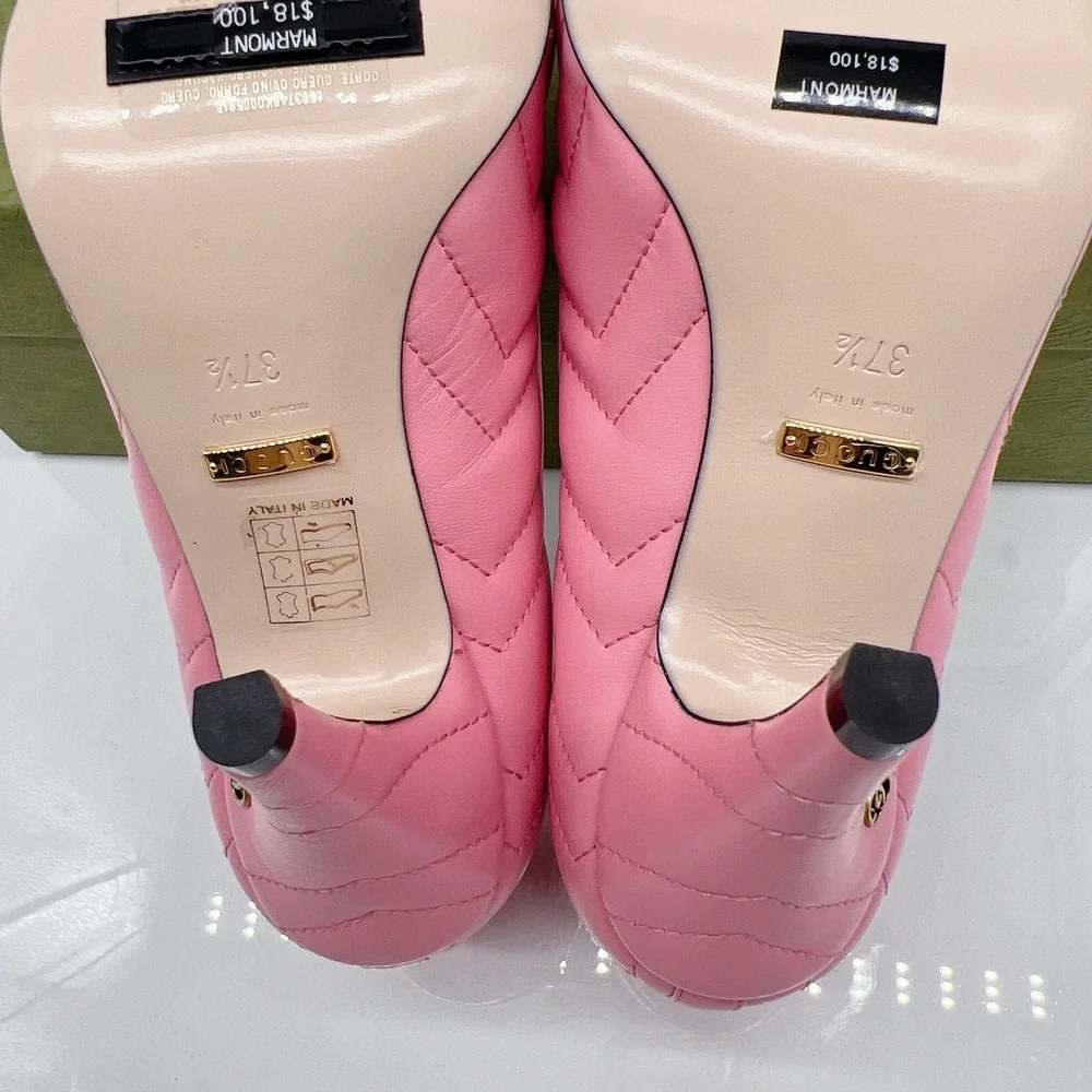 Gucci Chevron Matelasse mini Double G Logo Heel Pumps Pink Leather EU 37.5 - NEW - Picture 12 of 15